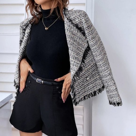 Preppy Womens Waterfall Neck Raw Trimmed Open Front Jacket Black/White - Picture 4 of 4